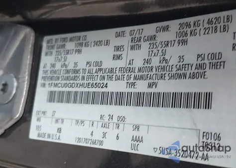 2017 Ford Escape Se z USA, uszkodzony, nr VIN 1FMCU0GDXHUE65024